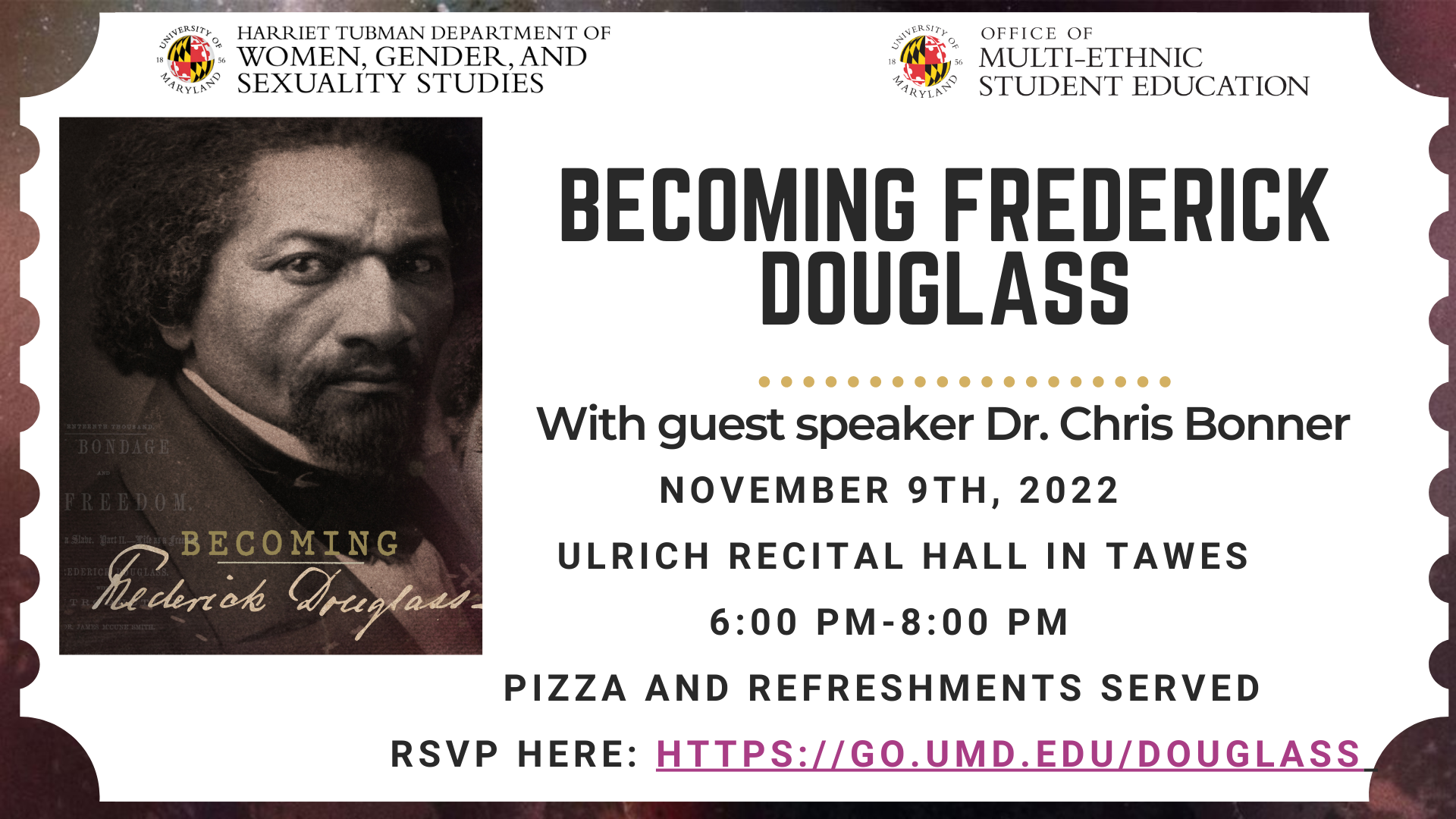 Starry background with a ticket trim with striped design text about the  Becoming Frederick Douglass event 